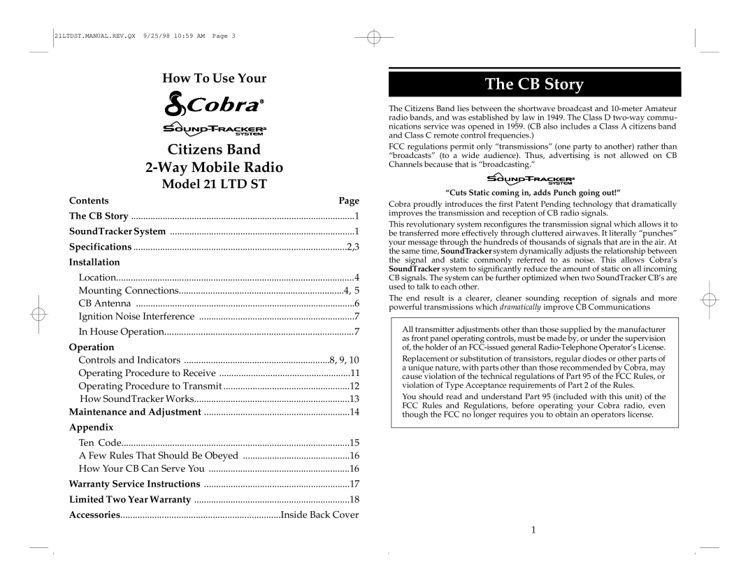 Cobra Electronics 21 LTD operating instructions CB Story, Cuts Static coming in, adds Punch going out 