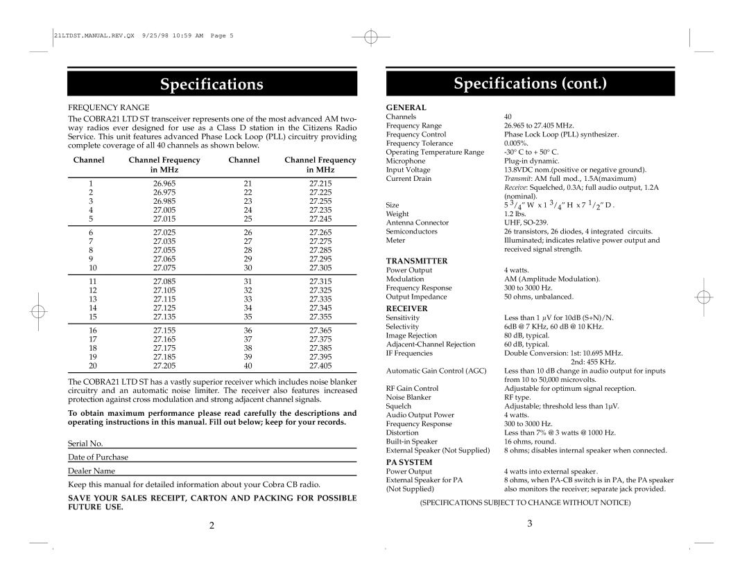 Cobra Electronics 21 LTD operating instructions Specifications, Channel, MHz 