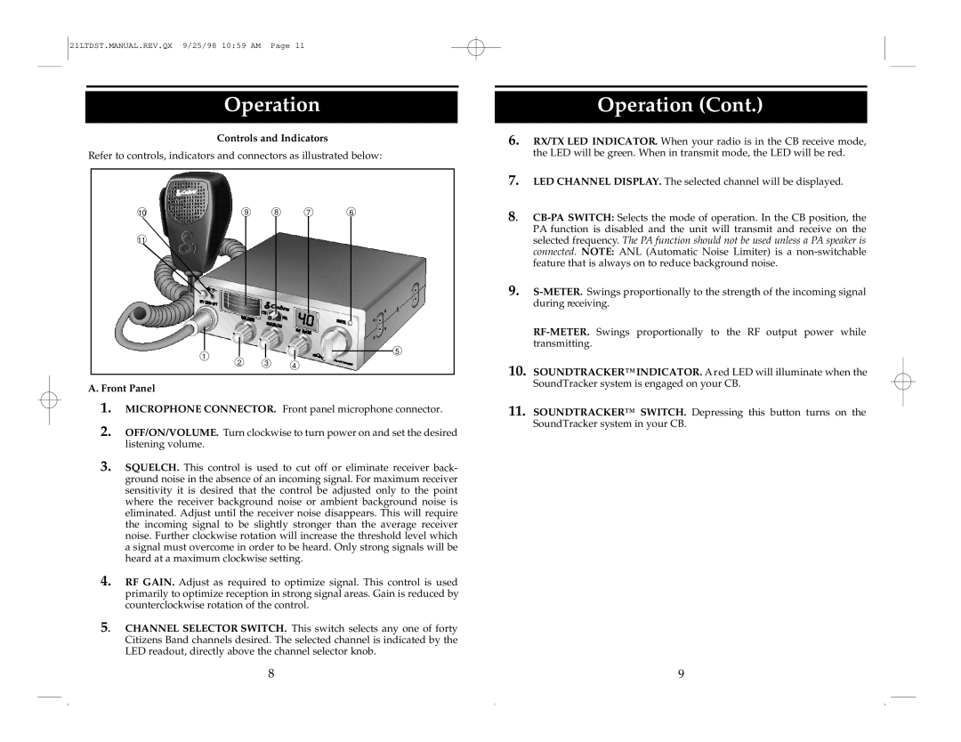 Cobra Electronics 21 LTD operating instructions Operation, Controls and Indicators, Front Panel 