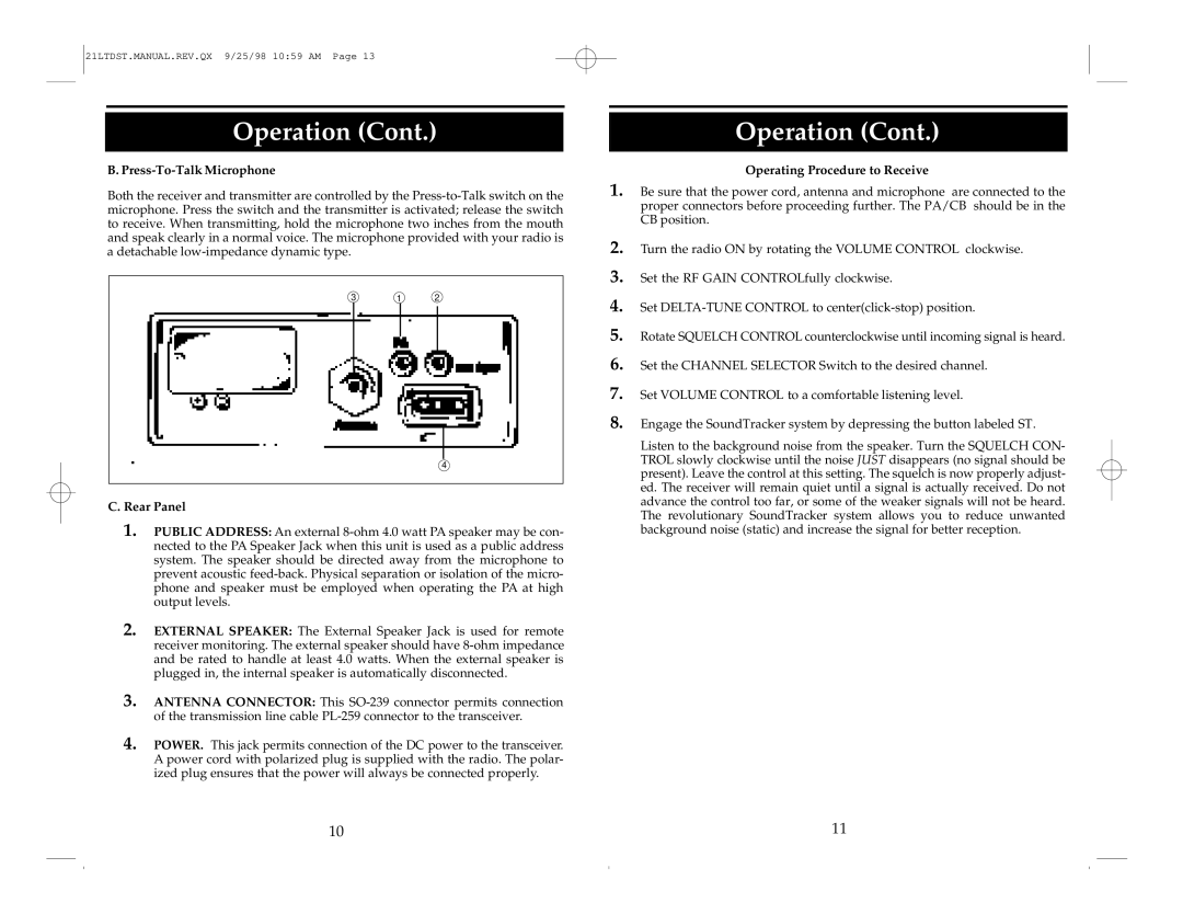 Cobra Electronics 21 LTD operating instructions Press-To-Talk Microphone, Rear Panel, Operating Procedure to Receive 