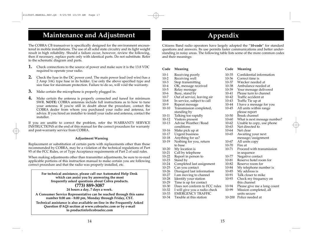 Cobra Electronics 21 LTD operating instructions Maintenance and Adjustment, Appendix, Adjustment Warning, Code Meaning 