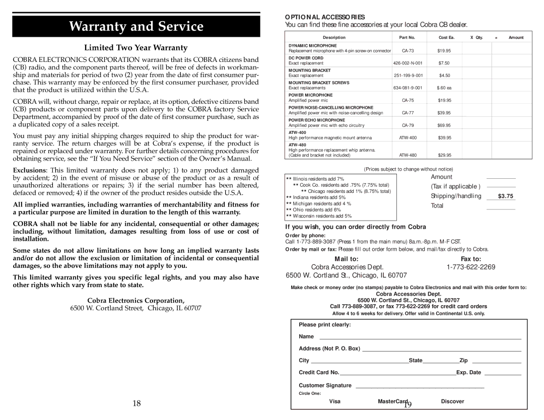 Cobra Electronics 25 LTD ST operating instructions Warranty and Service, Limited Two Year Warranty 