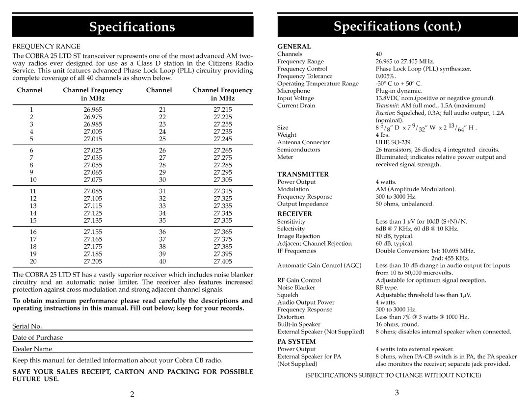 Cobra Electronics 25 LTD ST operating instructions Specifications, Channel Channel Frequency MHz 