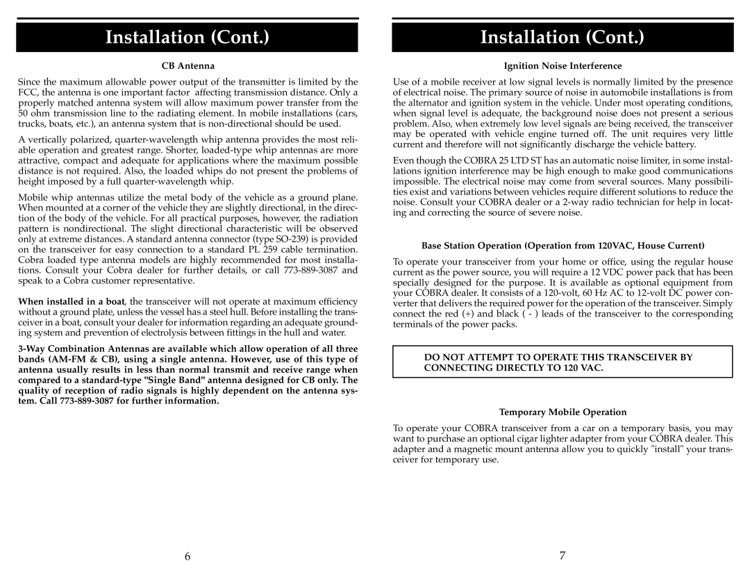 Cobra Electronics 25 LTD ST operating instructions CB Antenna, Ignition Noise Interference, Temporary Mobile Operation 