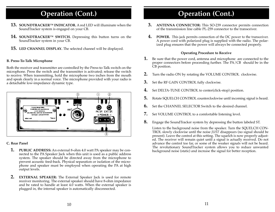 Cobra Electronics 25 LTD ST operating instructions Press-To-Talk Microphone, Rear Panel, Operating Procedure to Receive 