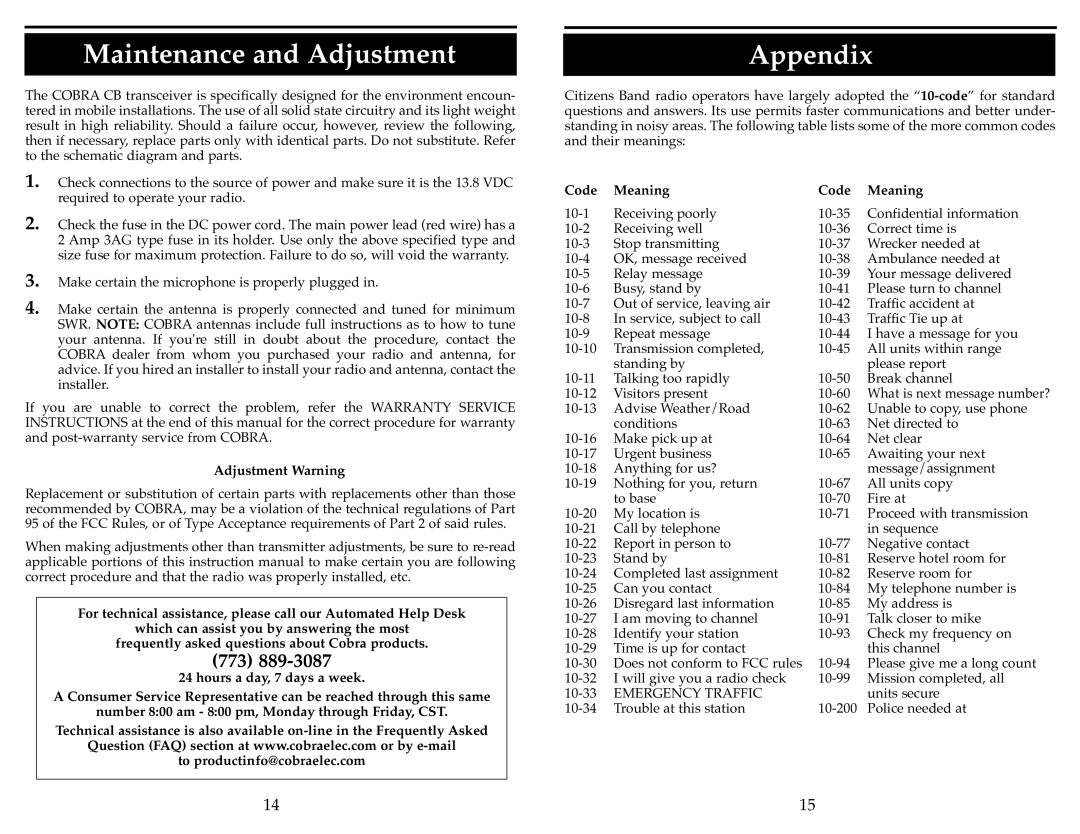 Cobra Electronics 25 LTD ST operating instructions Maintenance and Adjustment, Appendix, Adjustment Warning, Code Meaning 