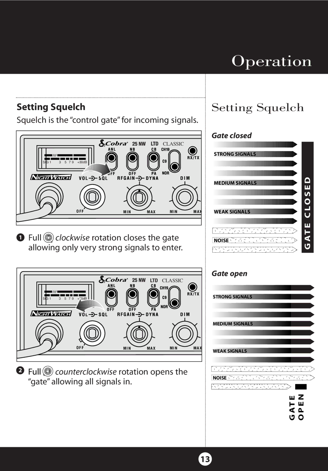 Cobra Electronics 25 NW specifications Setting Squelch 