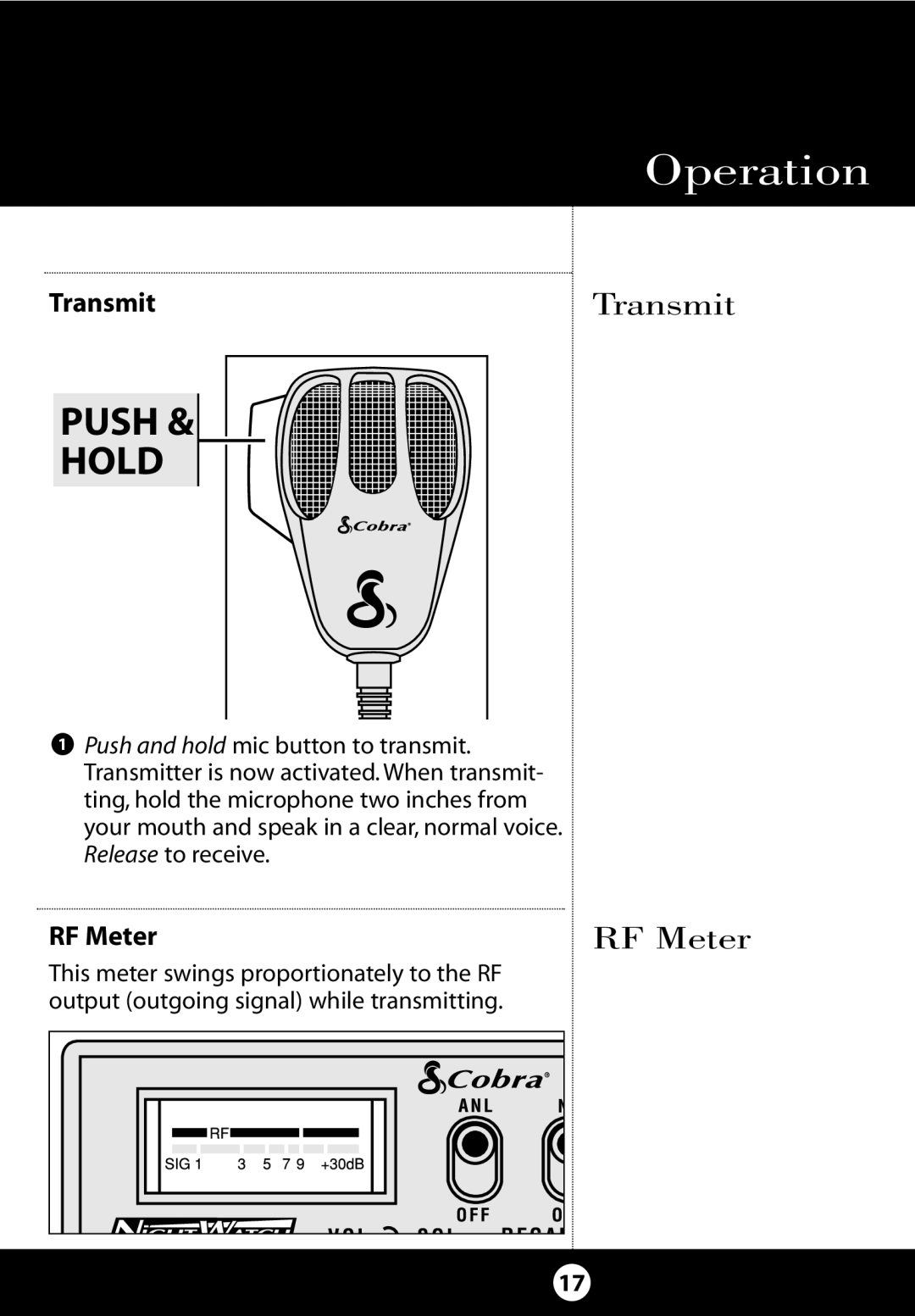 Cobra Electronics 25 NW specifications Transmit, RF Meter 