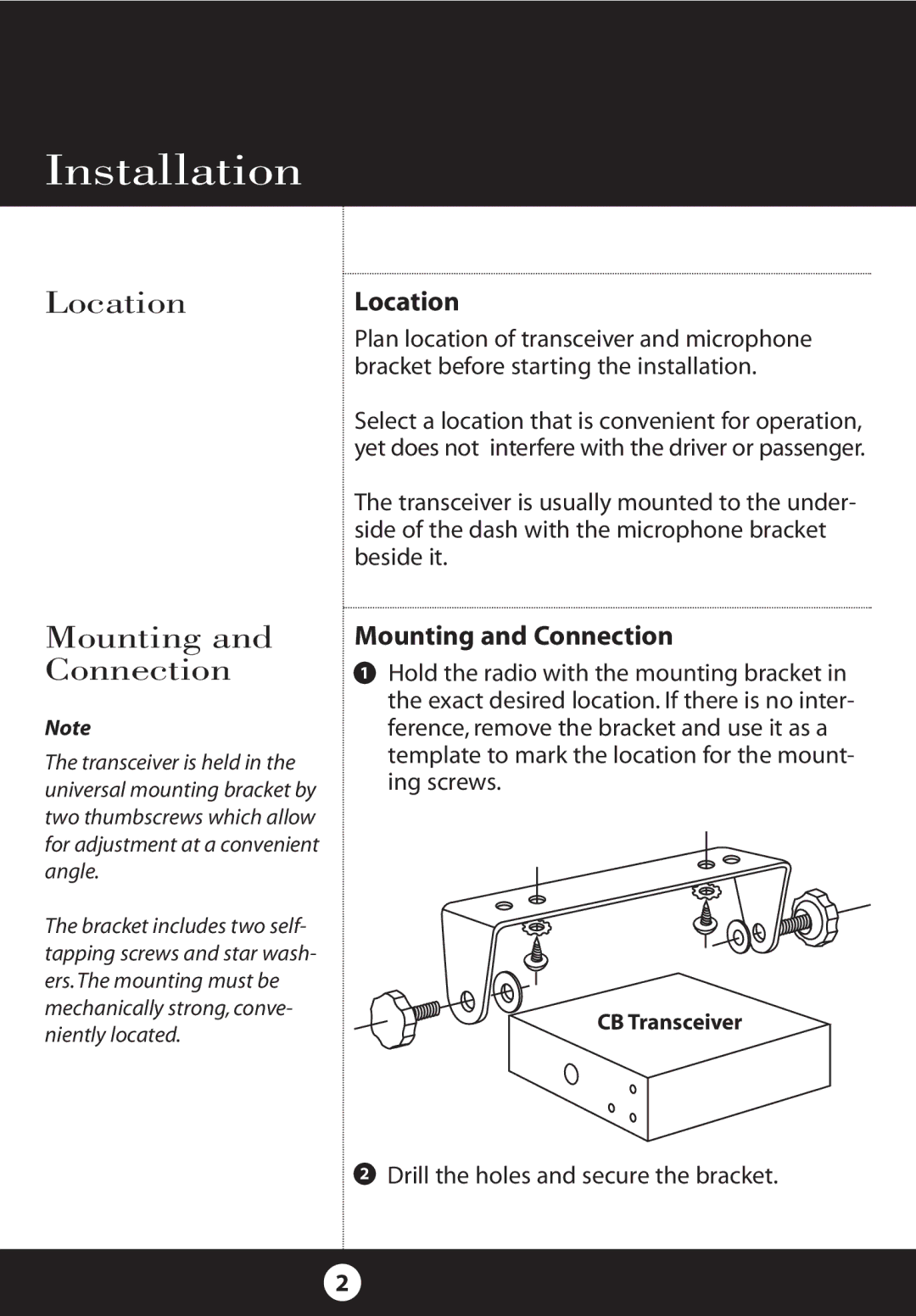 Cobra Electronics 25 NW specifications Installation, LocationLocation, Mounting and Connection 