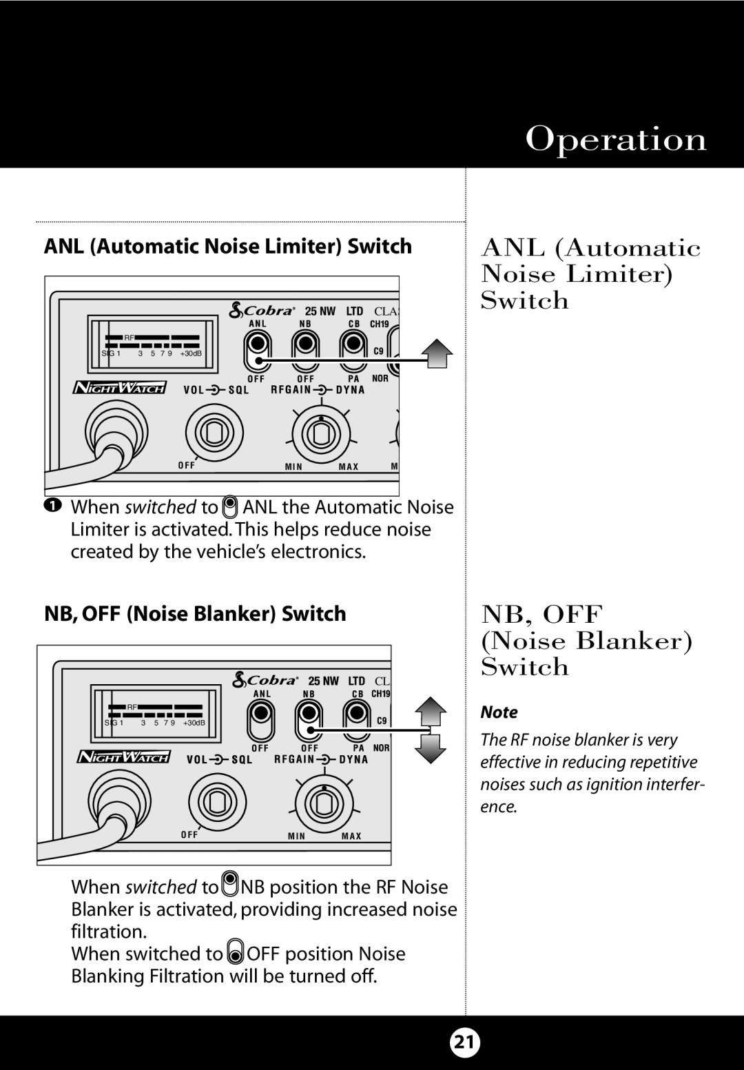 Cobra Electronics 25 NW specifications ANL Automatic Noise Limiter Switch, NB, OFF Noise Blanker Switch 