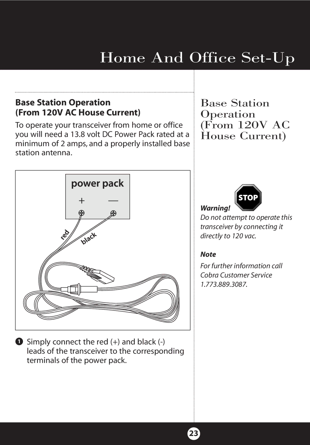 Cobra Electronics 25 NW specifications Home And Office Set-Up, Base Station Operation From 120V AC House Current 