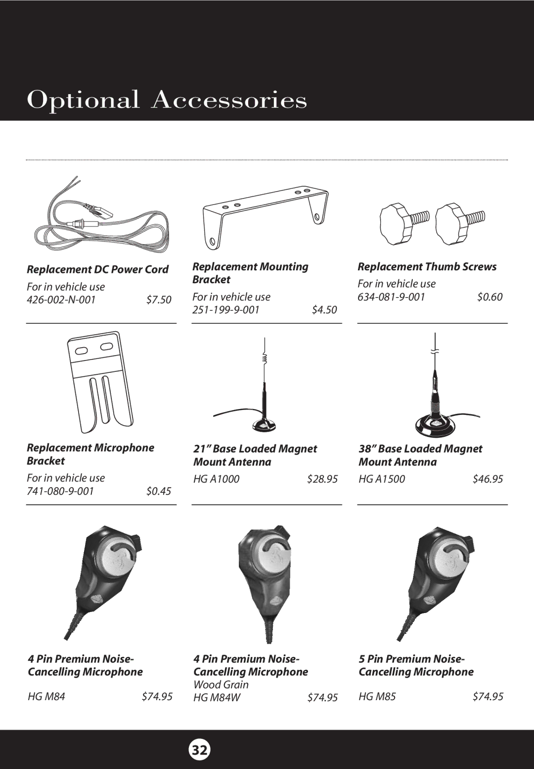 Cobra Electronics 25 NW specifications Optional Accessories, Replacement Microphone Bracket 