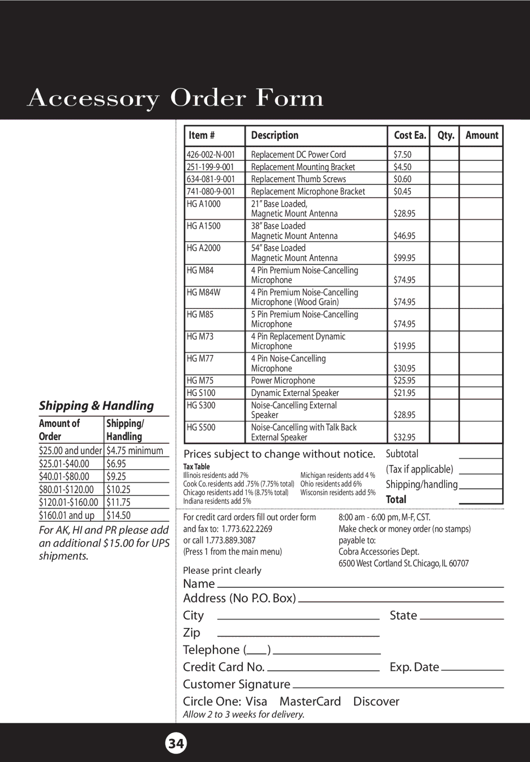 Cobra Electronics 25 NW specifications Accessory Order Form, Shipping & Handling 