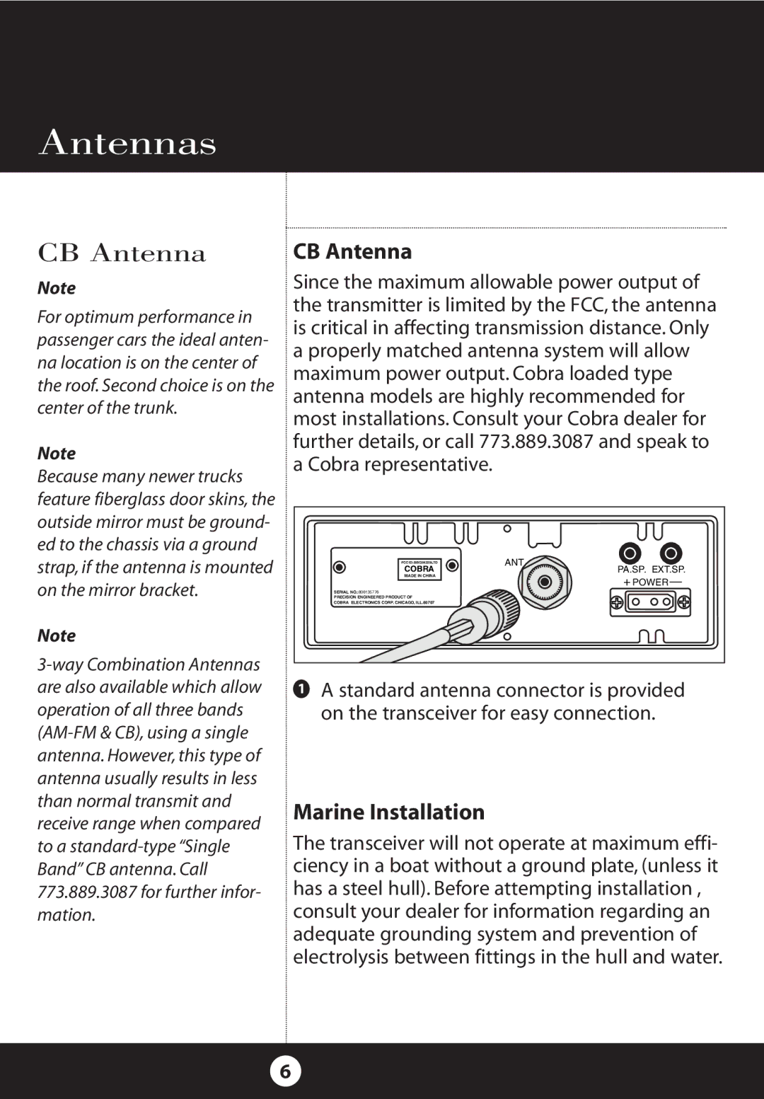 Cobra Electronics 25 NW specifications Antennas, CB Antenna, Marine Installation 