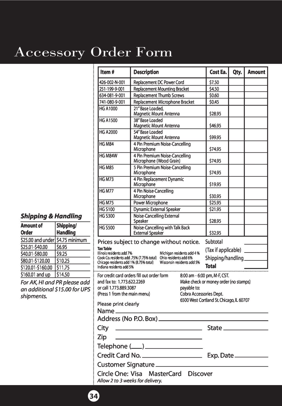 Cobra Electronics 25 NW specifications Accessory Order Form, Shipping & Handling 