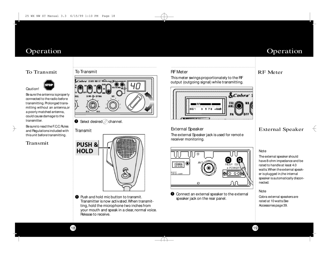 Cobra Electronics 25 WX NW ST specifications RF Meter, Transmit, External Speaker 