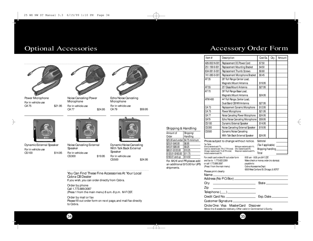 Cobra Electronics 25 WX NW ST specifications Accessory Order Form, Shipping & Handling 