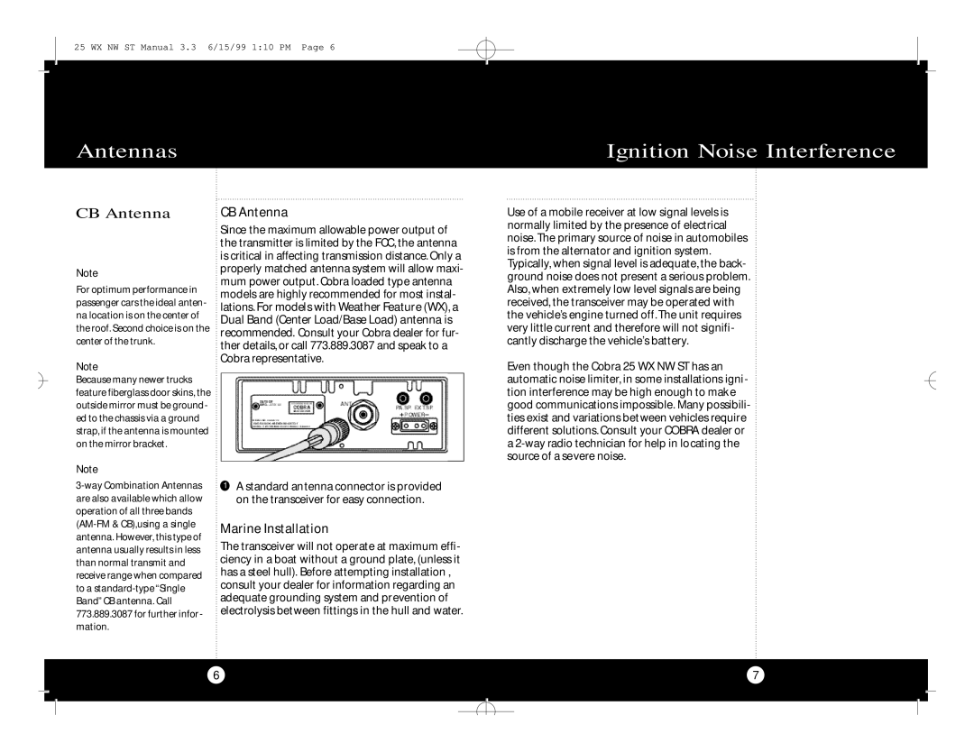 Cobra Electronics 25 WX NW ST specifications Antennas Ignition Noise Interference, CB Antenna, Marine Installation 