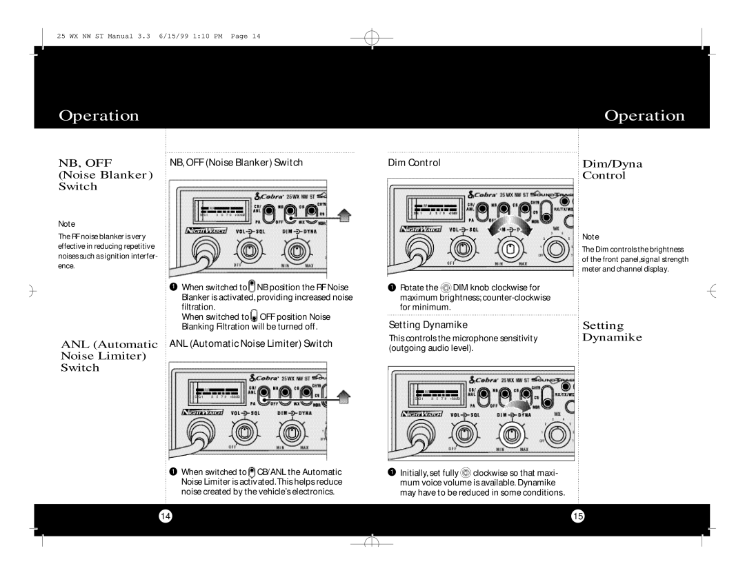 Cobra Electronics 25 WX NW ST Noise Blanker Switch, Dim/Dyna, Control, Noise Limiter Switch, Setting Dynamike 
