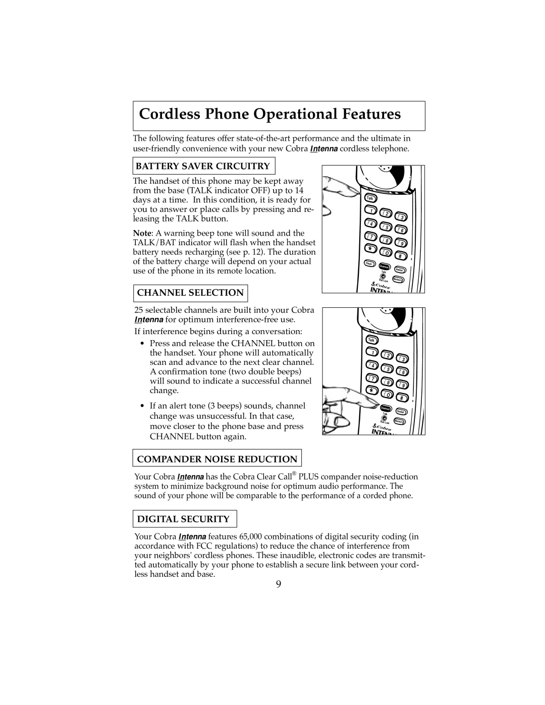 Cobra Electronics 2500 Cordless Phone Operational Features, Battery Saver Circuitry, Channel Selection, Digital Security 