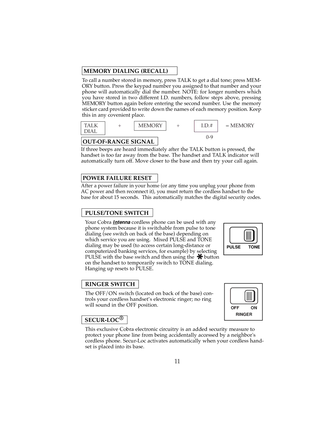 Cobra Electronics 2500 Memory Dialing Recall, OUT-OF-RANGE Signal, Power Failure Reset, PULSE/TONE Switch, Ringer Switch 