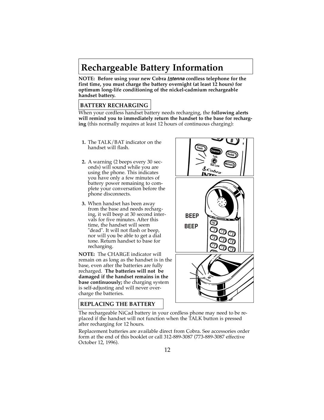 Cobra Electronics 2500 operating instructions Rechargeable Battery Information, Battery Recharging, Replacing the Battery 