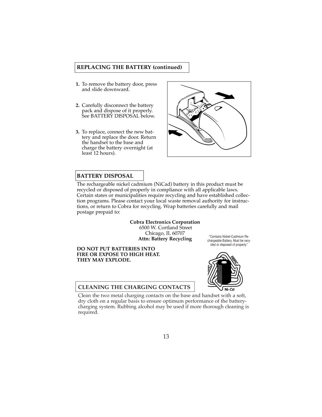 Cobra Electronics 2500 operating instructions Battery Disposal, Cleaning the Charging Contacts 