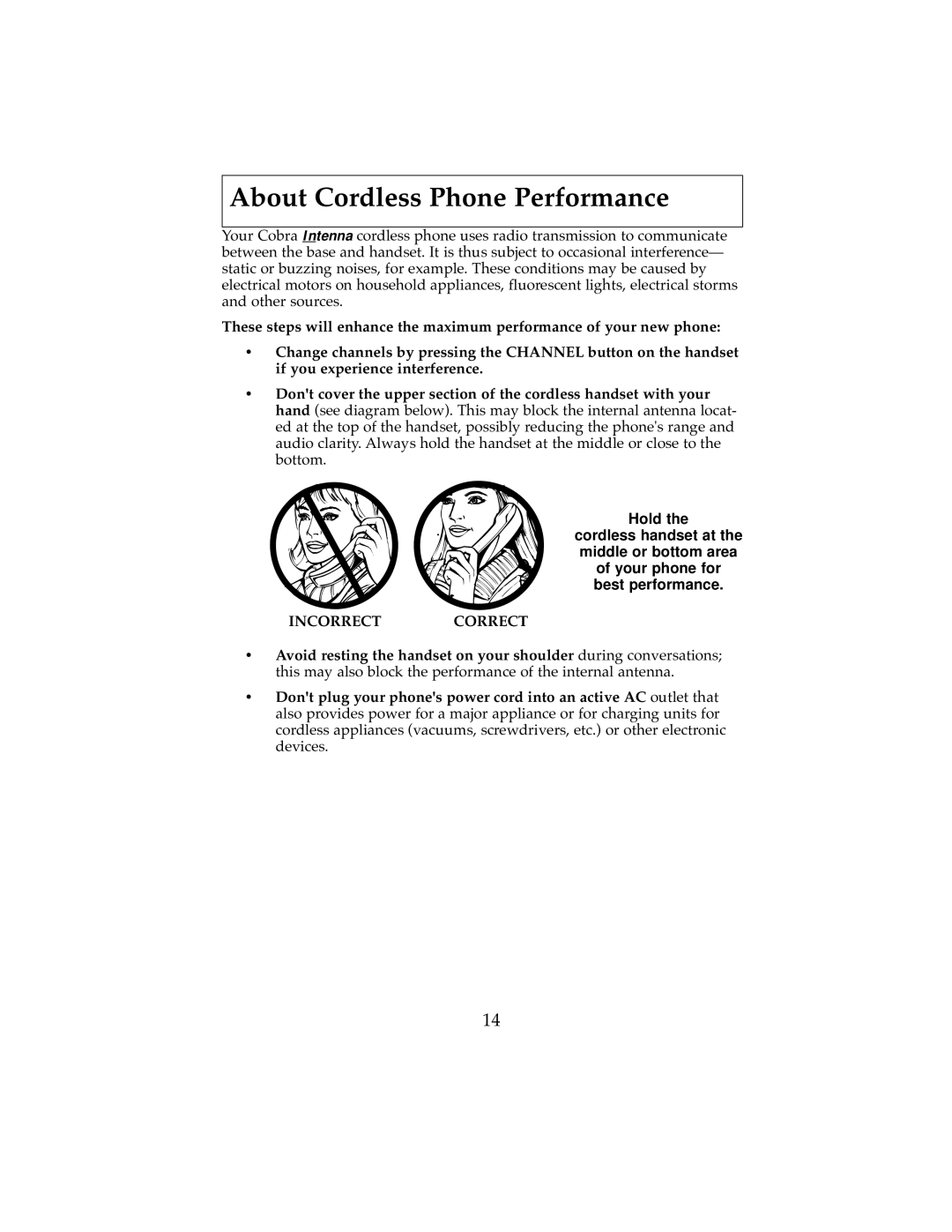 Cobra Electronics 2500 operating instructions About Cordless Phone Performance, Incorrect Correct 