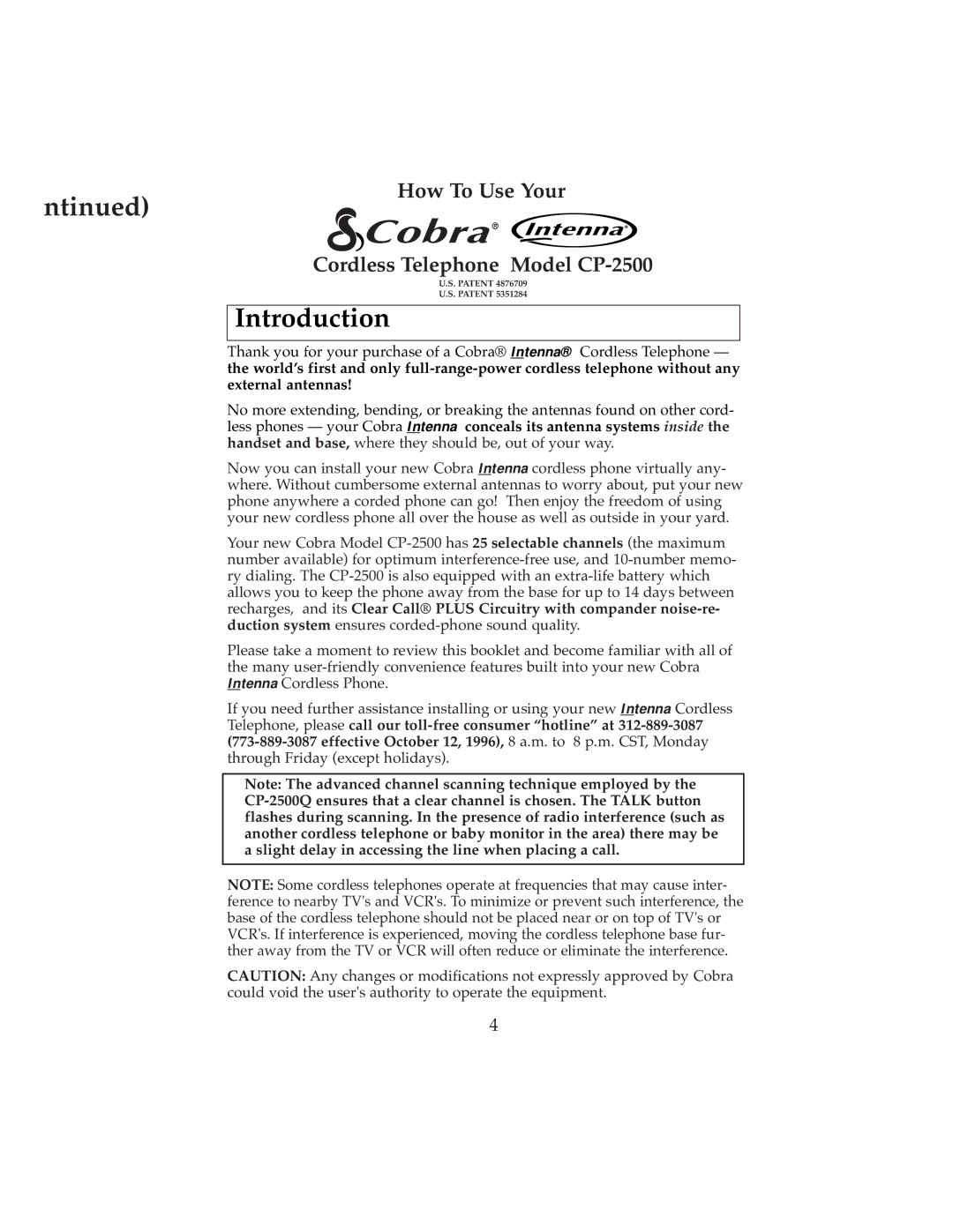 Cobra Electronics 2500 operating instructions Ntinued, Introduction 