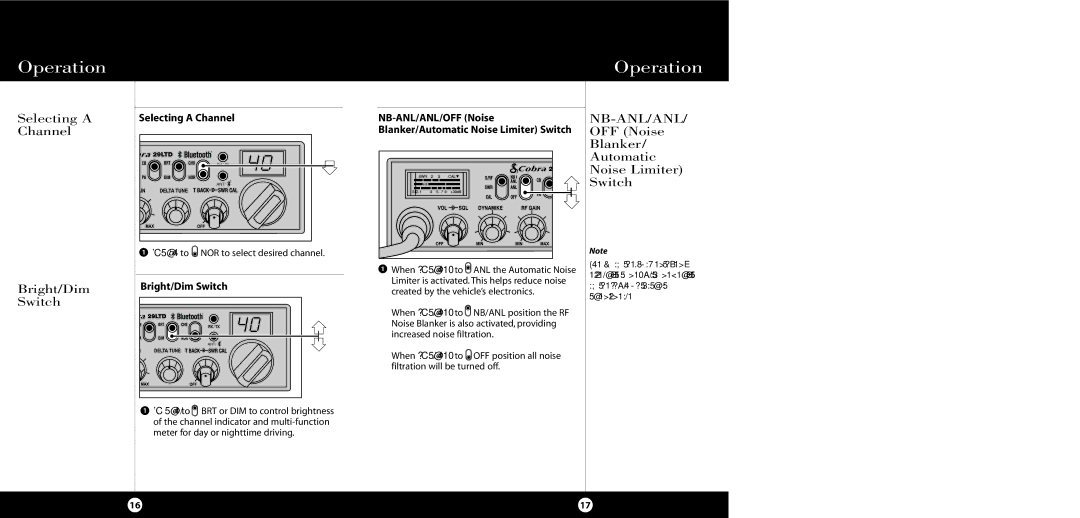 Cobra Electronics 29 LTD BT Selecting a Channel, OFF Noise, Blanker, Automatic, Noise Limiter, Bright/Dim Switch 