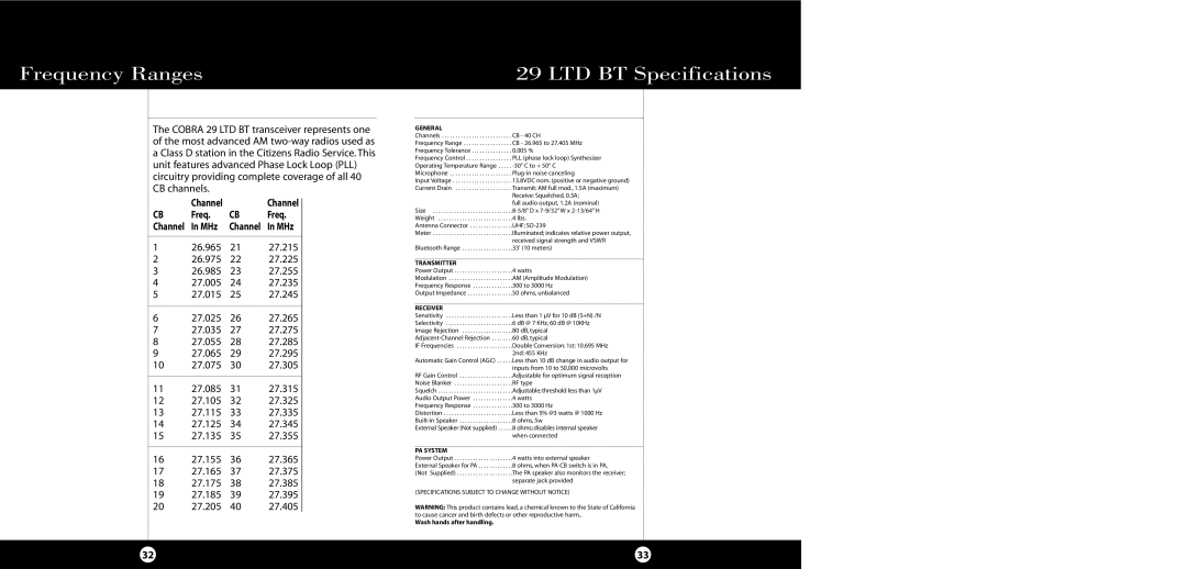 Cobra Electronics 29 LTD BT operating instructions Frequency Ranges 