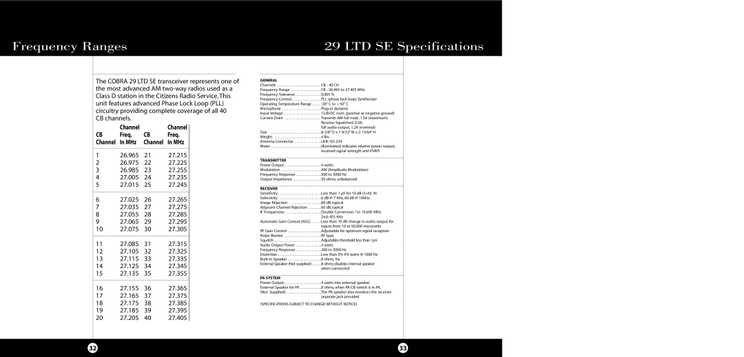 Cobra Electronics 29 LTD SE specifications Frequency Ranges 