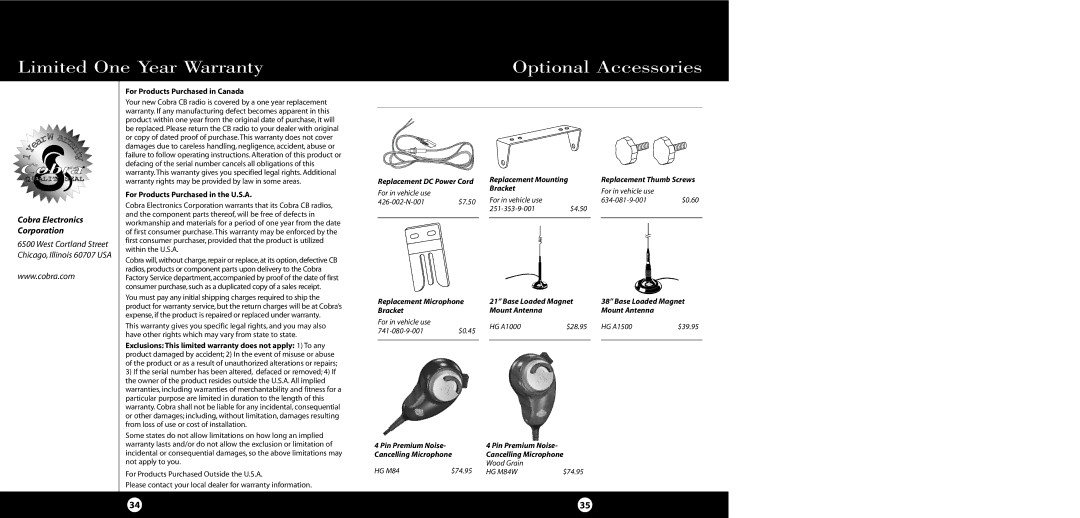 Cobra Electronics 29 LTD SE specifications Limited One Year Warranty Optional Accessories, For Products Purchased in Canada 