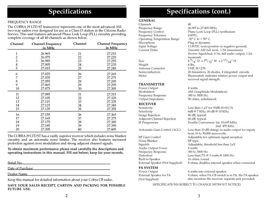 Cobra Electronics 29 LTD ST operating instructions Specifications, Channel Channel Frequency MHz 