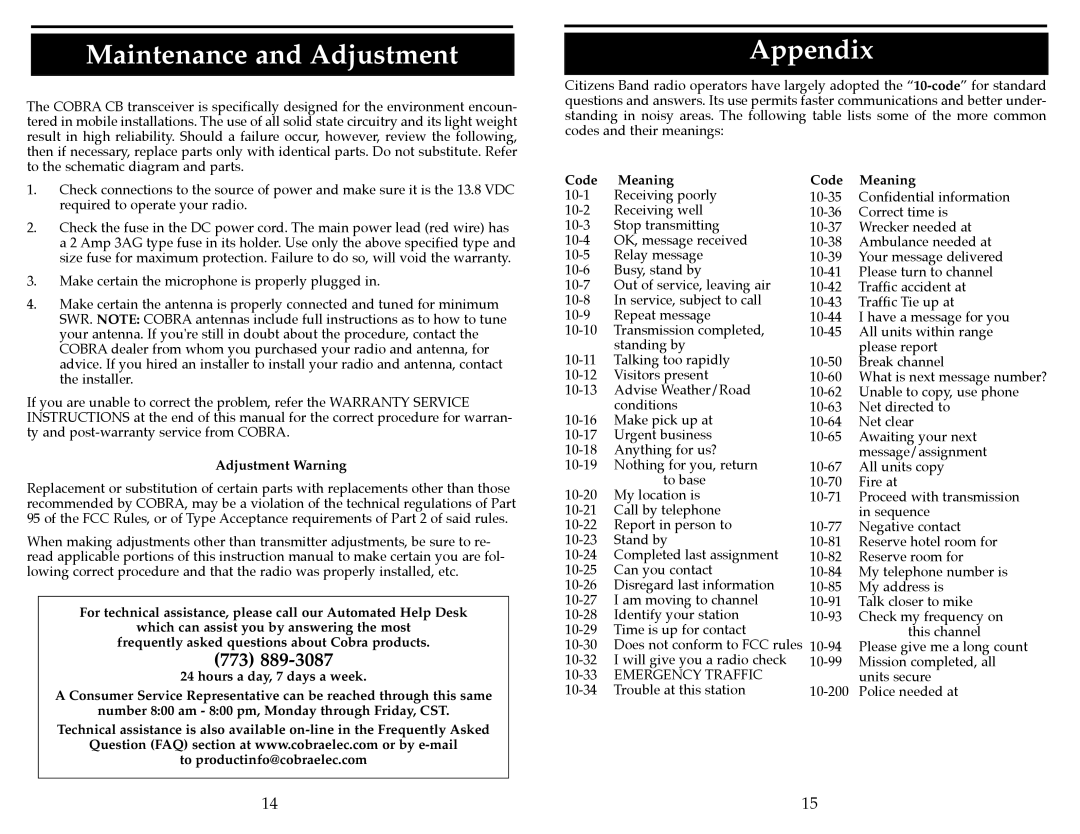 Cobra Electronics 29 LTD ST operating instructions Maintenance and Adjustment, Appendix, Adjustment Warning, Code Meaning 