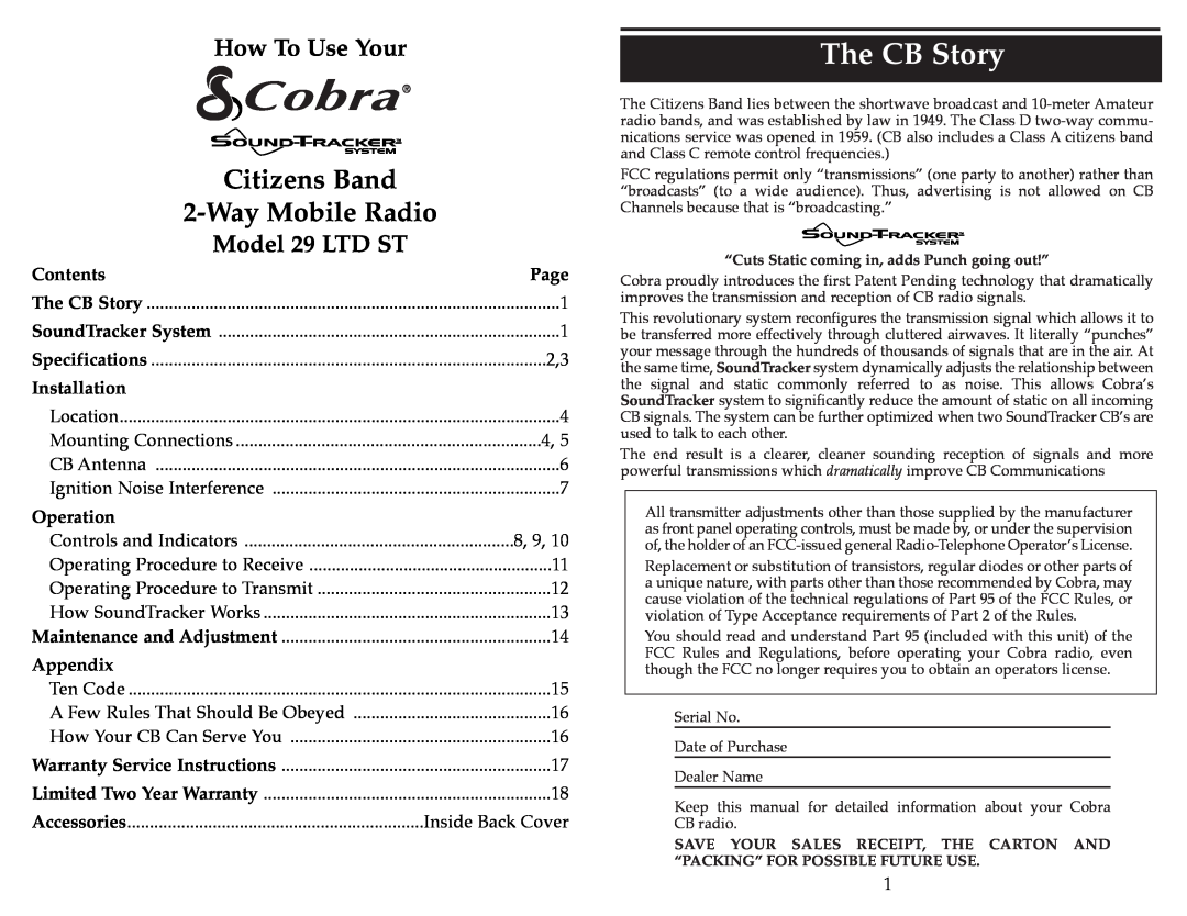Cobra Electronics 29 LTD ST The CB Story, Contents, Page, Installation, Operation, Appendix, Citizens Band, 8, 9 