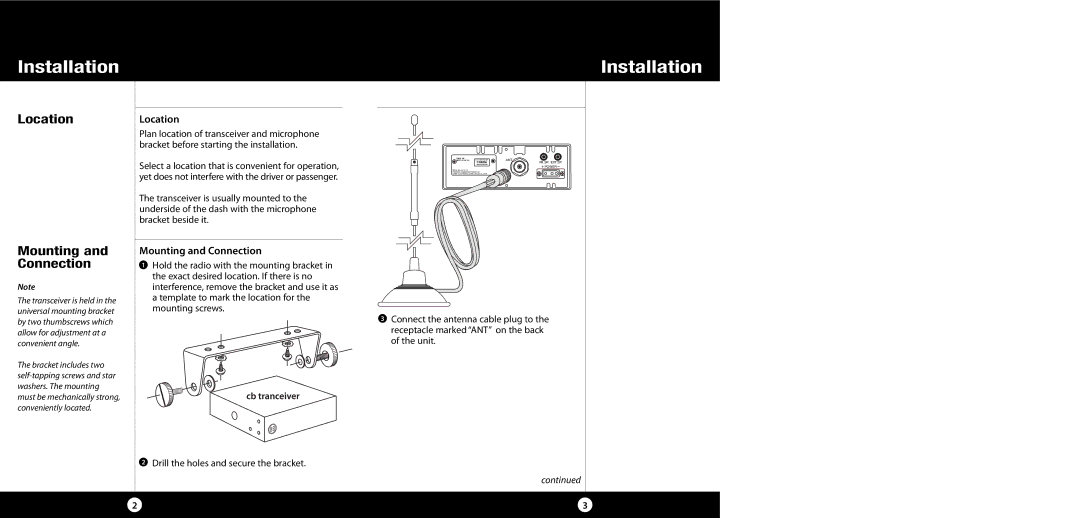 Cobra Electronics 29 NW specifications Installation, Location, Mounting and Connection 