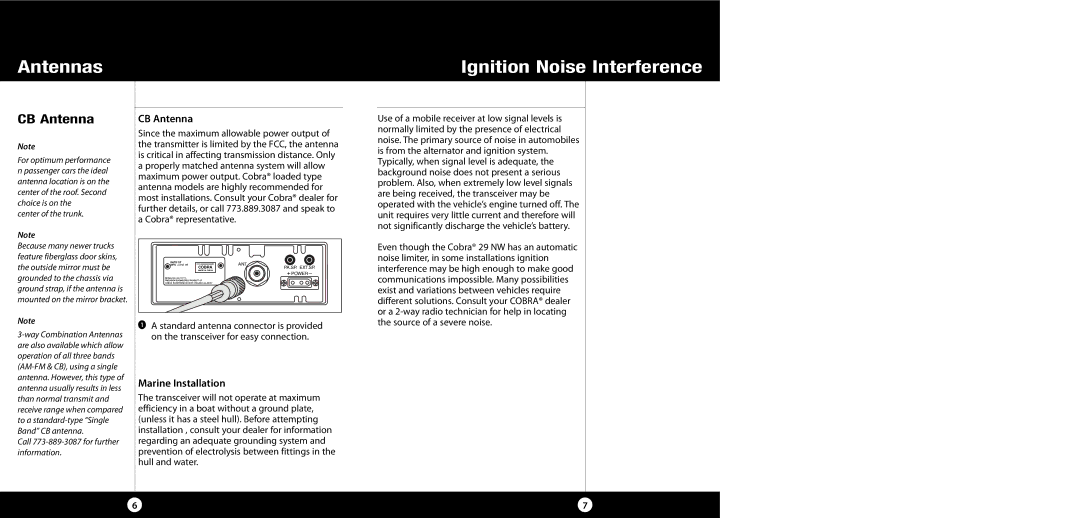 Cobra Electronics 29 NW specifications Antennas Ignition Noise Interference, CB Antenna, Marine Installation 