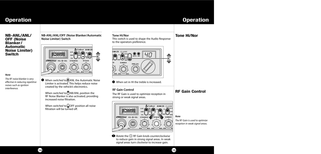 Cobra Electronics 29 NW specifications OFF Noise Blanker Automatic Noise Limiter Switch, Tone Hi/Nor RF Gain Control 