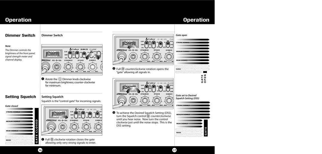 Cobra Electronics 29 NW specifications Dimmer Switch, Setting Squelch 