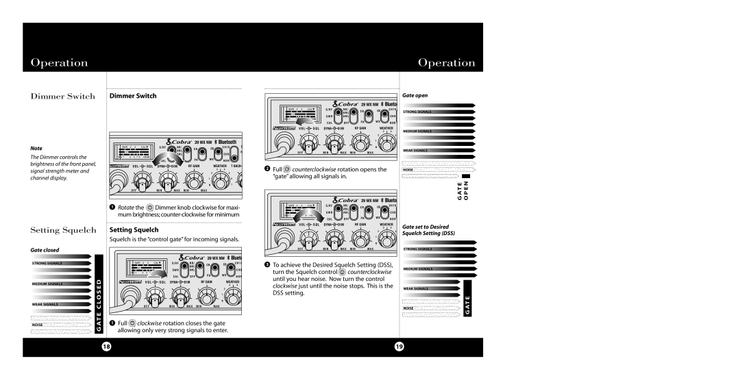 Cobra Electronics 29 WX NW BT specifications Dimmer Switch Dimmer Switch, Setting Squelch 