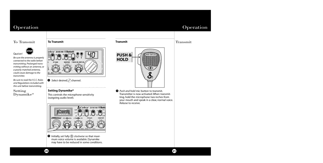 Cobra Electronics 29 WX NW BT specifications Setting Dynamike, Transmit, Select desired channel 