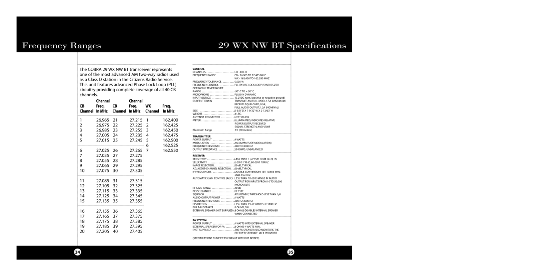 Cobra Electronics 29 WX NW BT specifications Frequency Ranges WX NW BT Specifications 