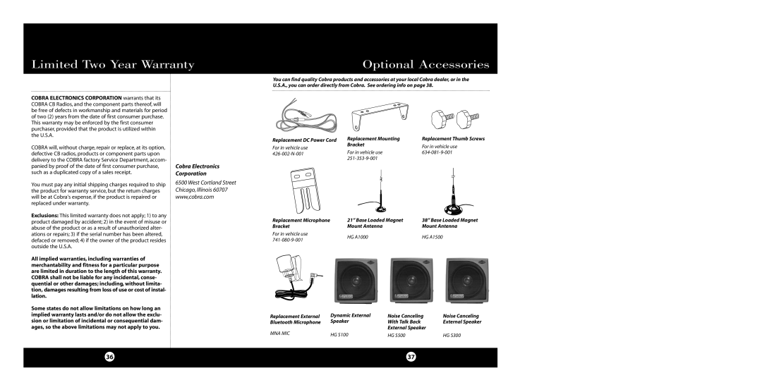 Cobra Electronics 29 WX NW BT specifications Limited Two Year Warranty Optional Accessories, Cobra Electronics Corporation 