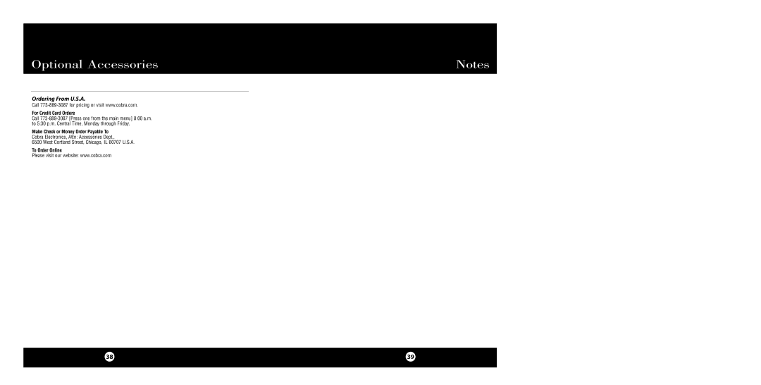 Cobra Electronics 29 WX NW BT specifications Ordering From U.S.A, For Credit Card Orders 
