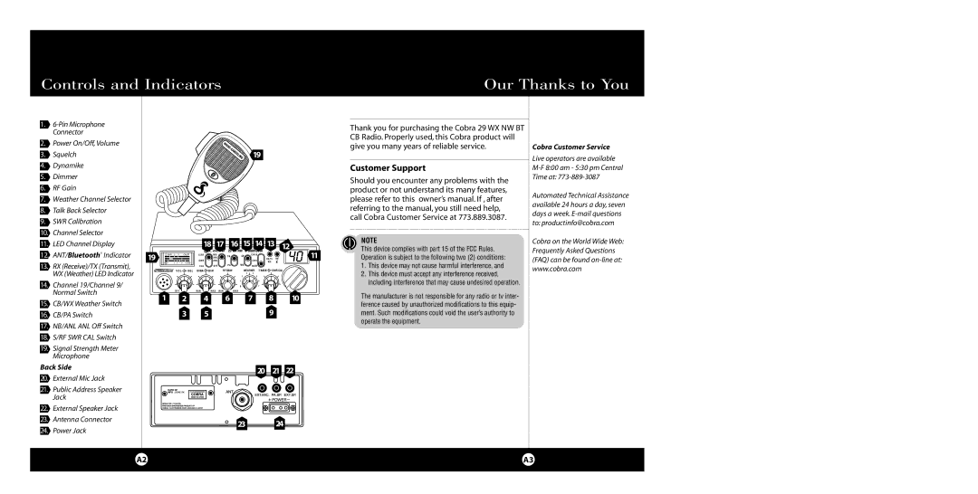 Cobra Electronics 29 WX NW BT specifications Controls and Indicators Our Thanks to You, Customer Support, Back Side 