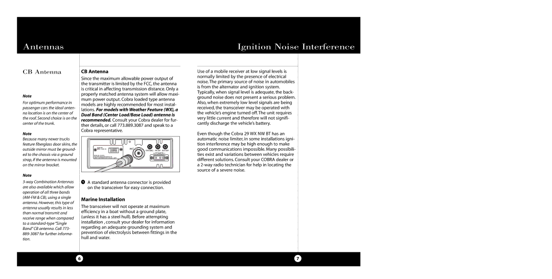 Cobra Electronics 29 WX NW BT specifications Antennas Ignition Noise Interference, CB Antenna, Marine Installation 