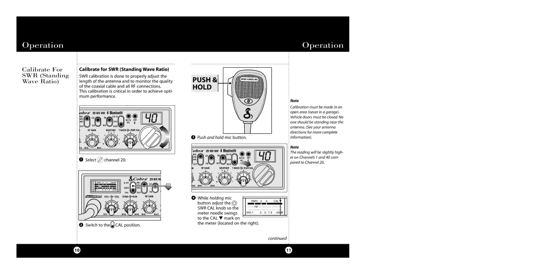 Cobra Electronics 29 WX NW BT Calibrate For SWR Standing Wave Ratio, Calibrate for SWR Standing Wave Ratio, Select channel 