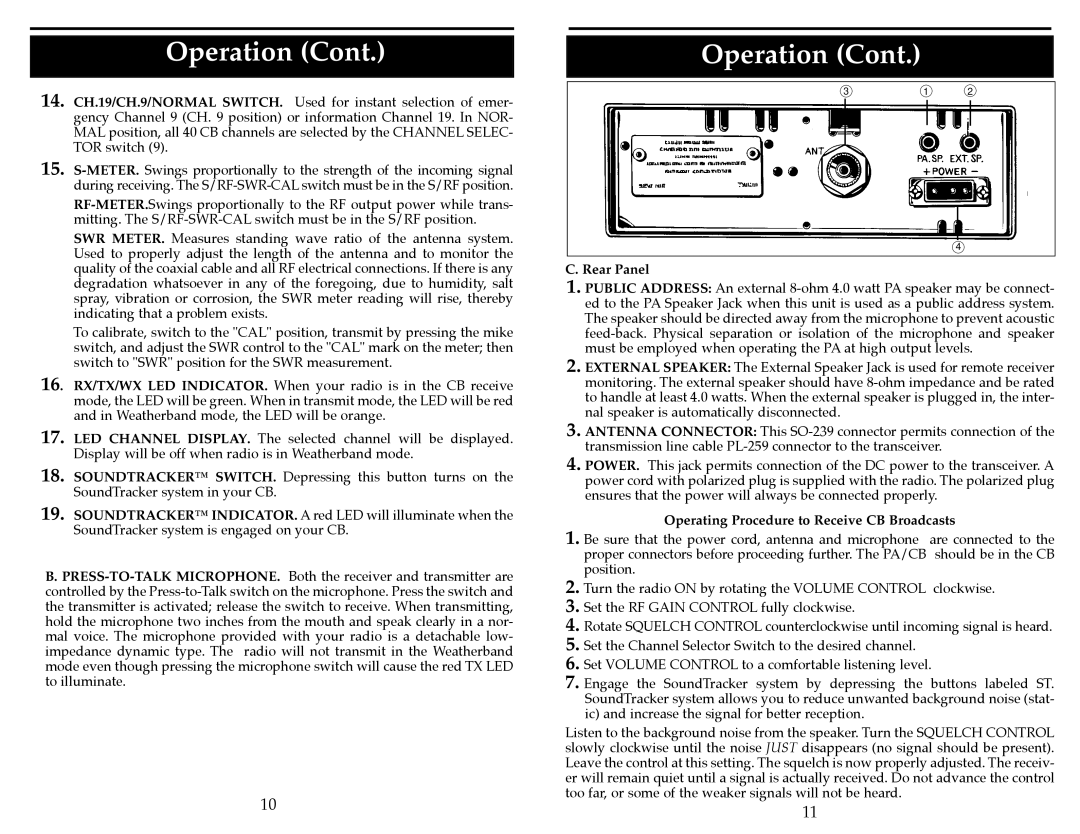 Cobra Electronics 29 WX ST operating instructions Rear Panel, Operating Procedure to Receive CB Broadcasts 