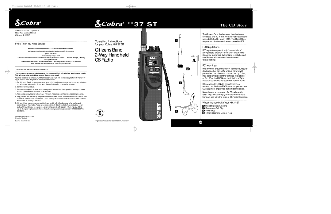 Cobra Electronics 37 ST operating instructions If You Think You Need Service, FCC Regulations, FCC Warnings 